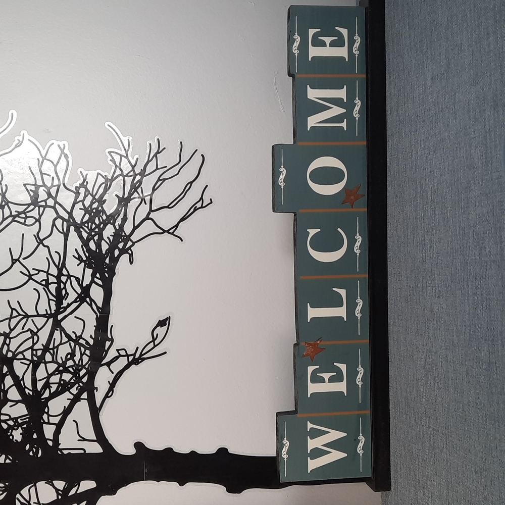 Welcome Sign Shelf Sitter Rustic Urban Farmhouse Country Rusty Star Accents Blue